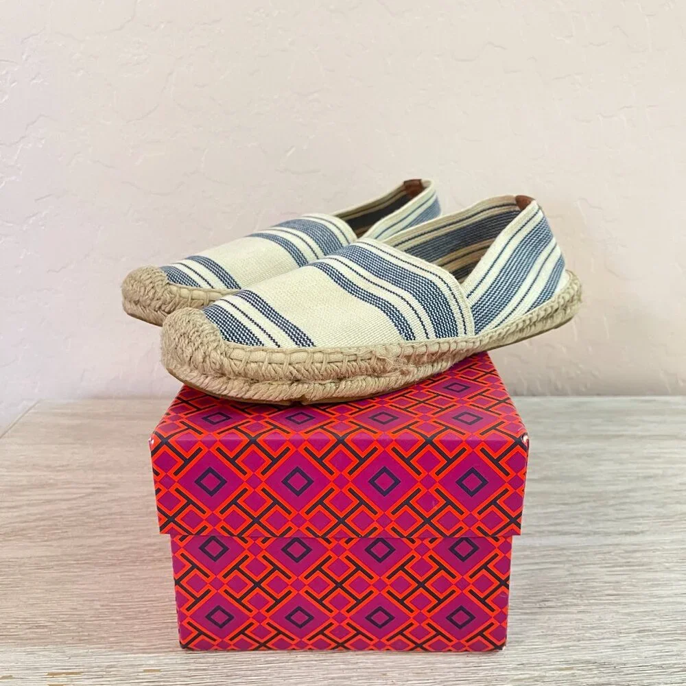 Tory Burch Espadrille Flats Slip On Shoes Ivory Navy Blue Stripe 7